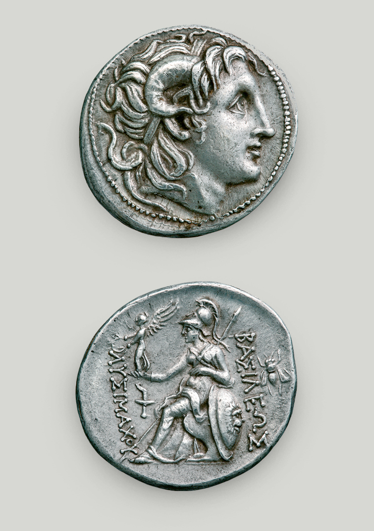 Two sides of tetradrachm. On the obverse head of Alexander the Great with ram horns, on the reverse enthroned Athena.