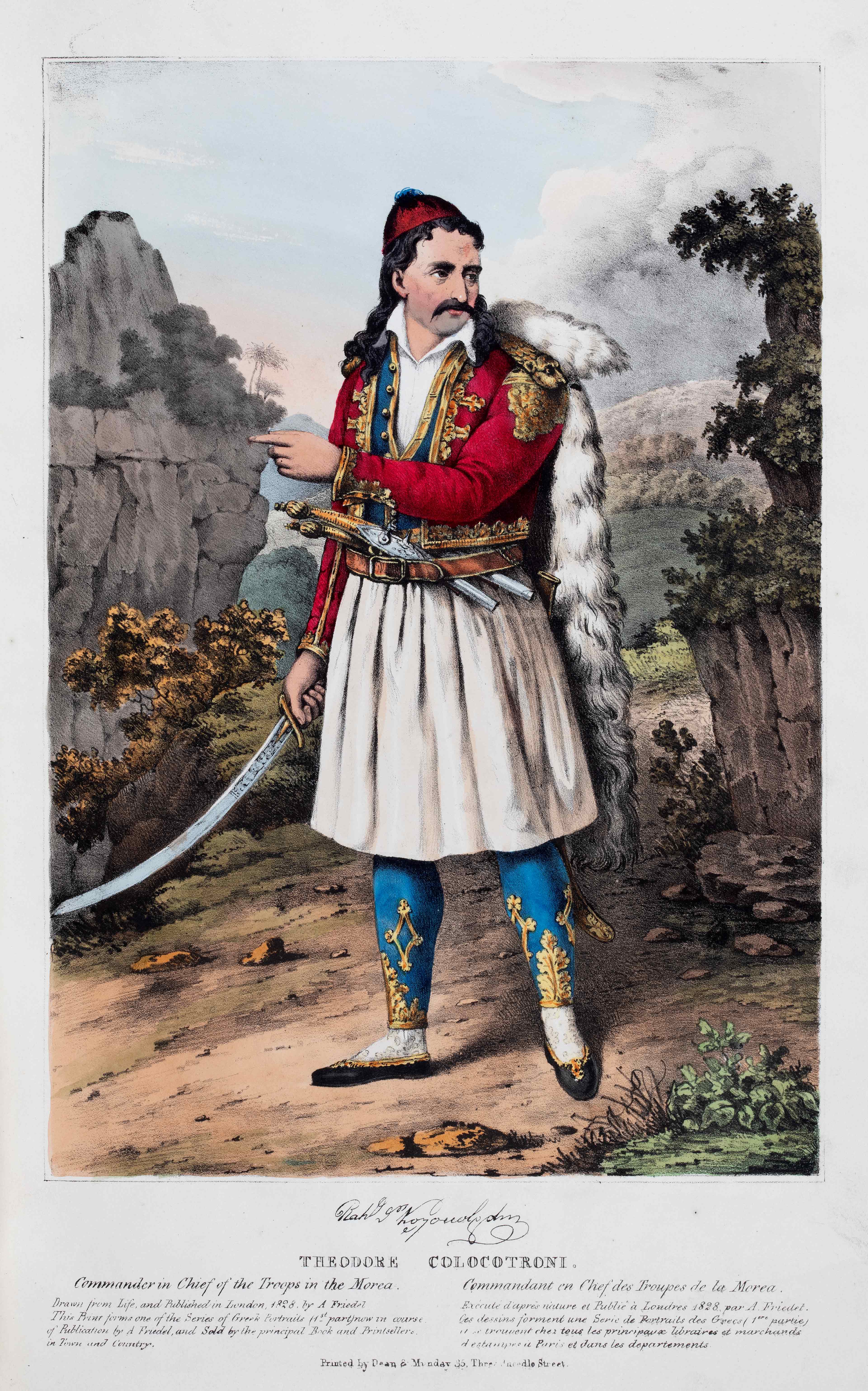 A page of the book Heroes of the Greek Revolution showing a colour, full-body portrait of Theodoros Kolokotronis.  Page of the book Heroes of the Greek Revolution