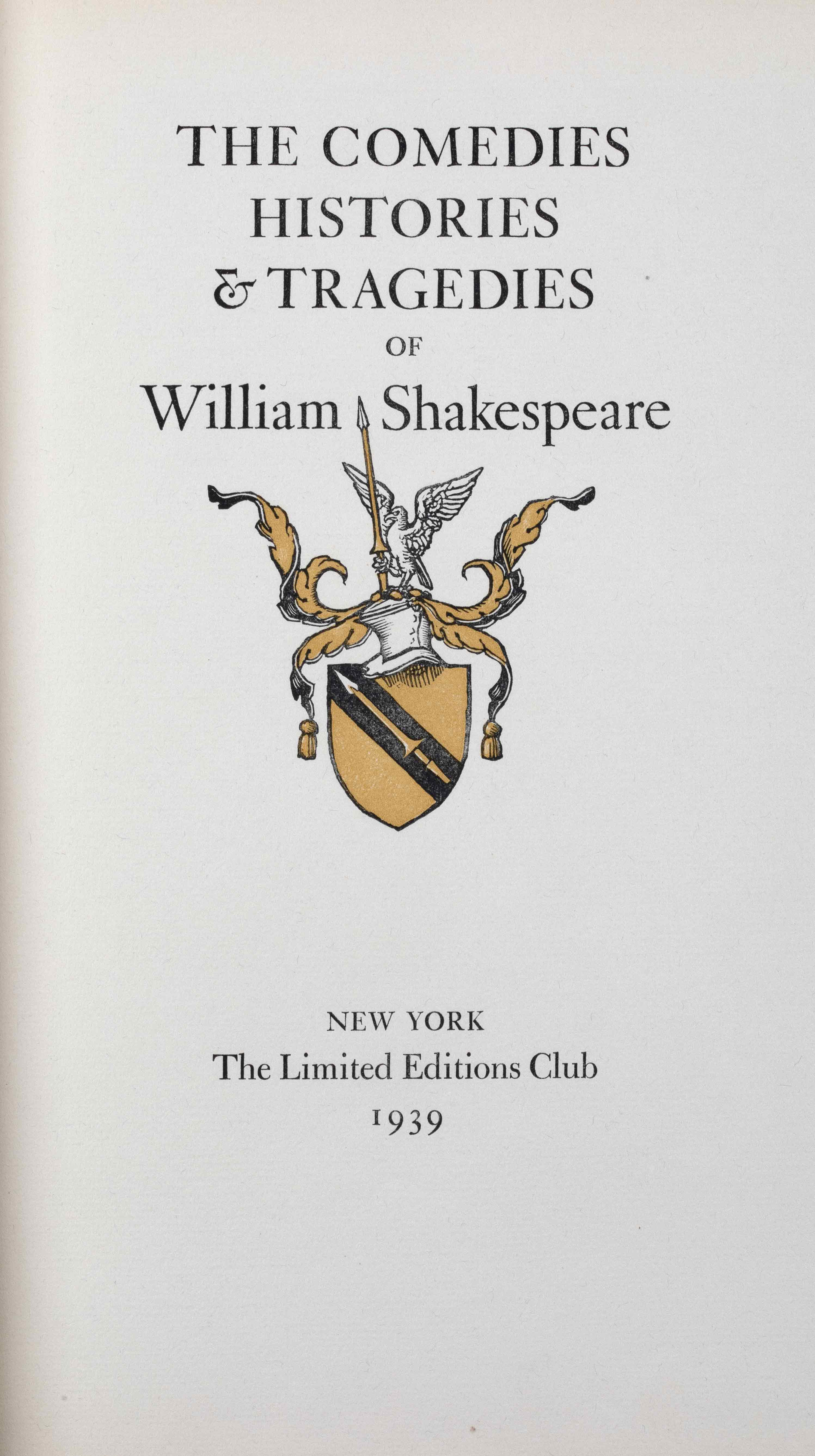 Title page with the title, publisher and decorative sketch of a shield, hat and eagle with spear.  Title page of the book Trolius and Cressida