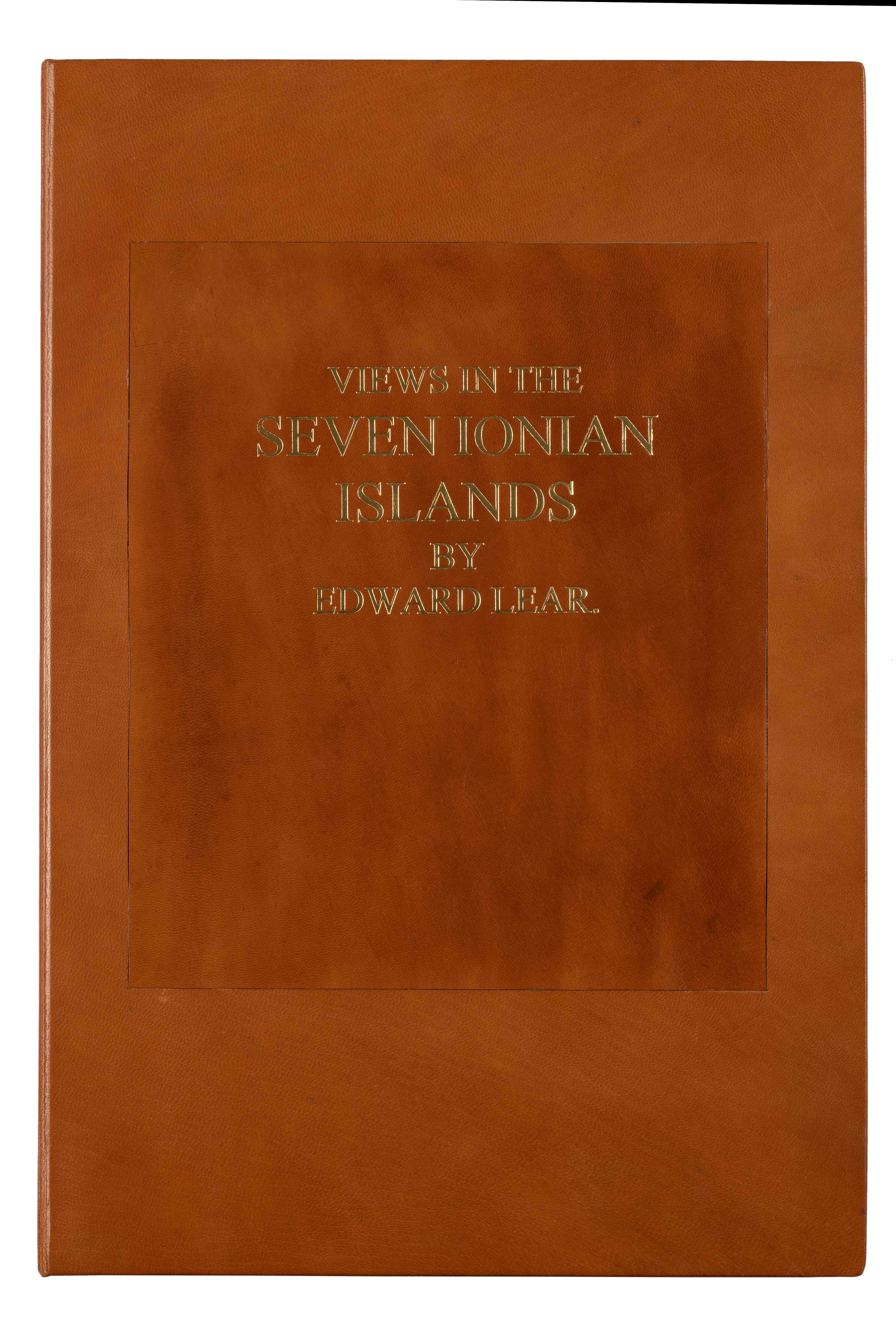 The cover page of the book Views in the Seven Ionian Islands with the title over a brown background.  Cover page of the book Views in the Seven Ionian Islands