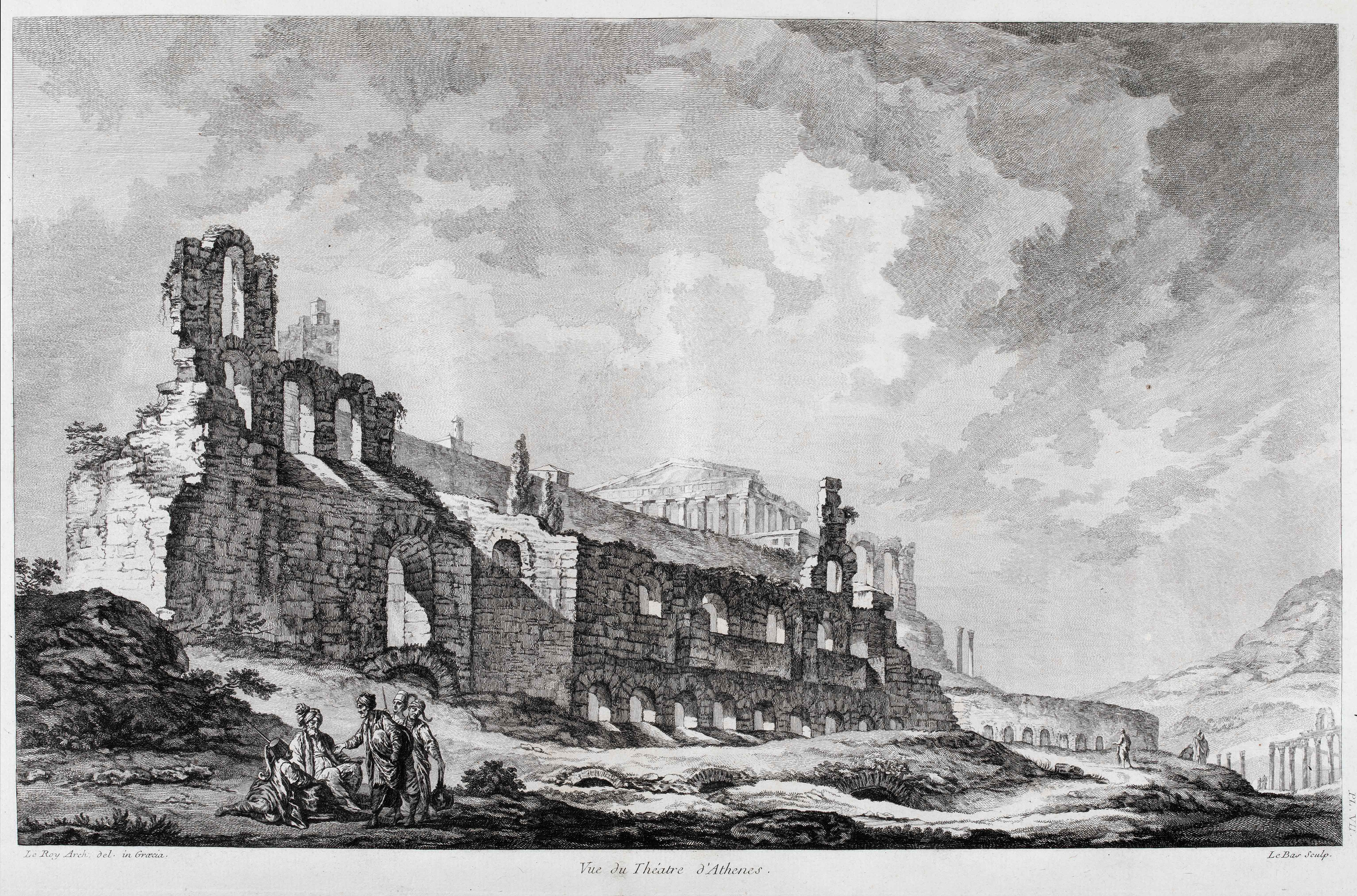 Etching depicting the theatre of Athens, with human figures at the bottom left and two more to the right, in the back. Picture from the book Les Ruines les plus beaux de la Grèce