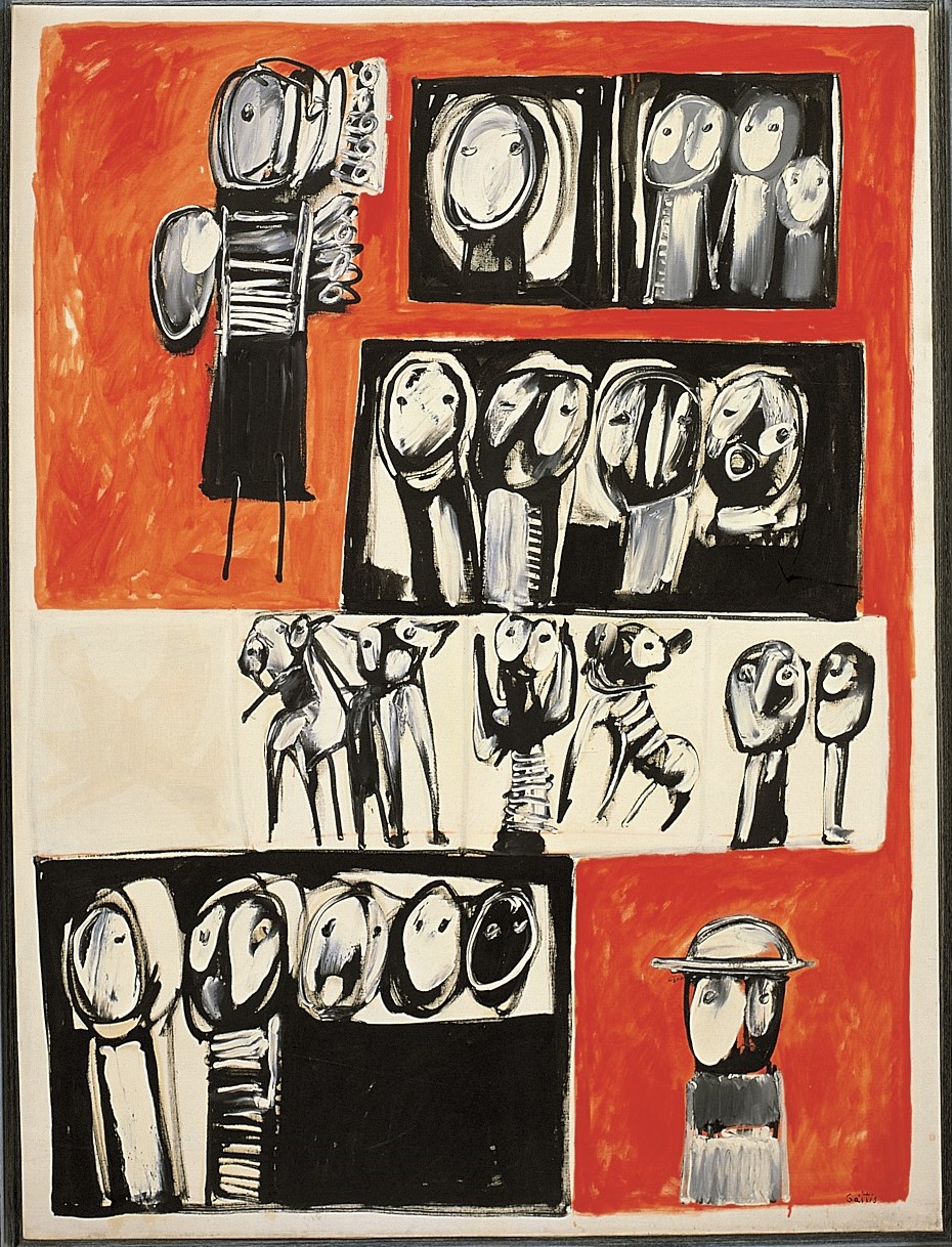 Yannis Gaitis’ Figures. Oil on canvas with white, black and orange colours, and small human figures. Yannis Gaitis painting from the exhibition at the Municipal Art Gallery of Thessaloniki