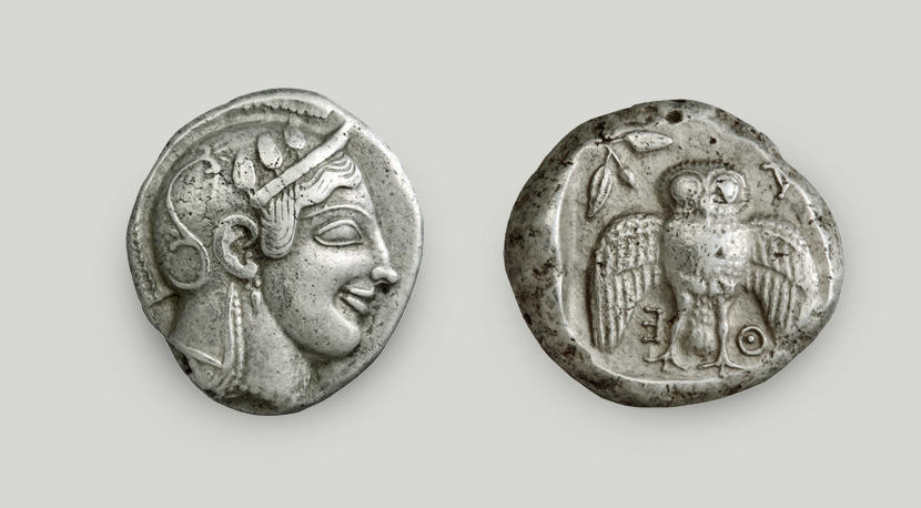 Two sides of Athenian silver decadrachm