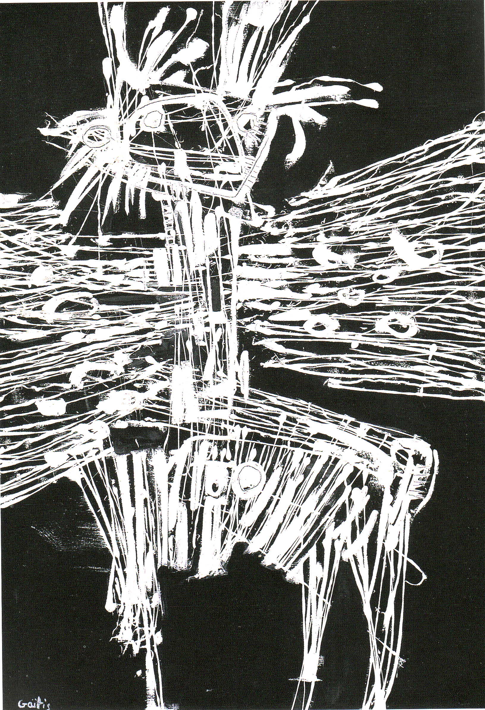 Yannis Gaitis’ Untitled work. Drawing with black and white acrylic on canvas. Yannis Gaitis painting from the exhibition at the Municipal Art Gallery of Thessaloniki