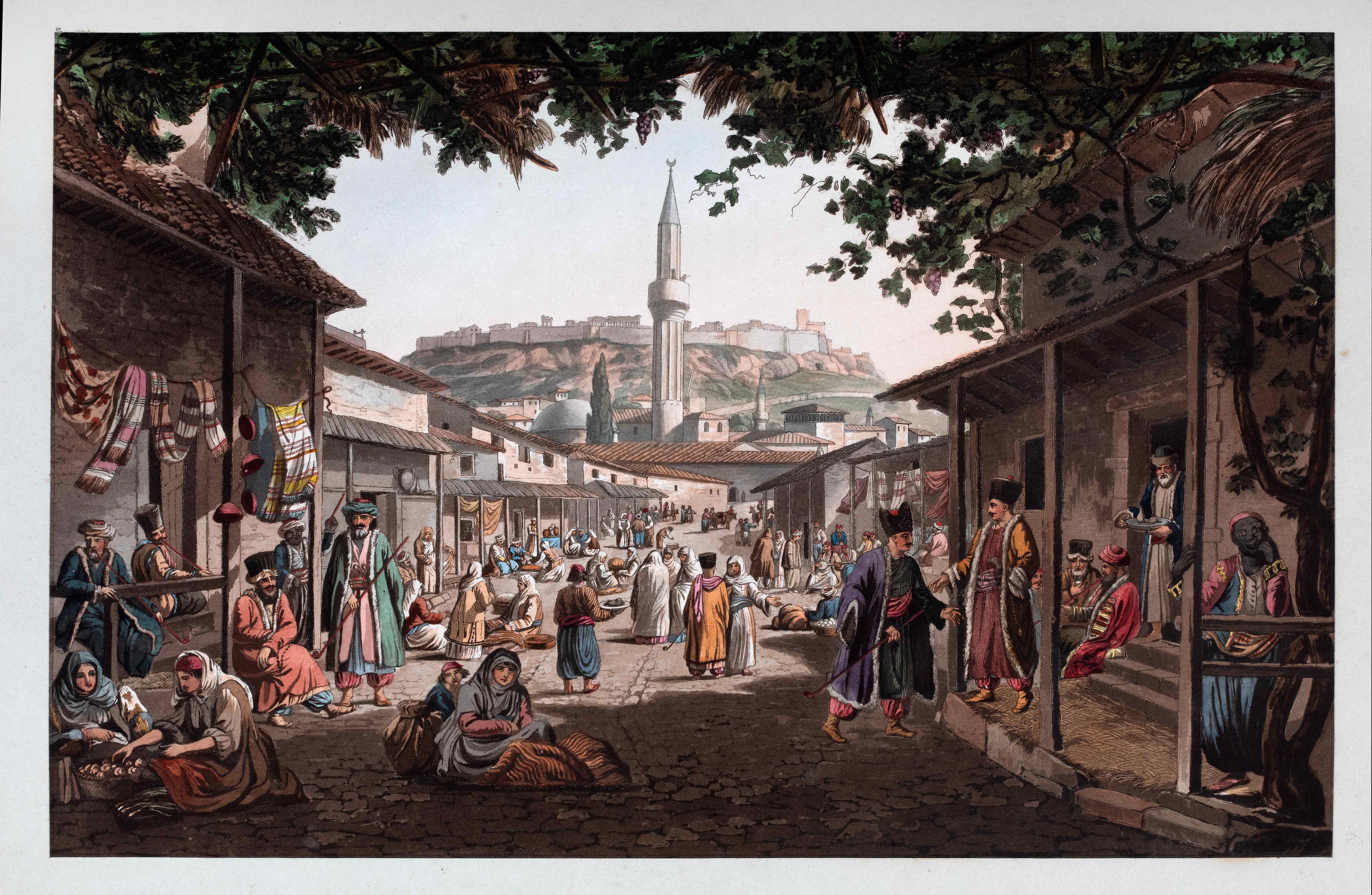 Painting from a market of pre-revolutionary Greece. In the background, the Acropolis hill. Painting from the book Views in Greece, from Drawings