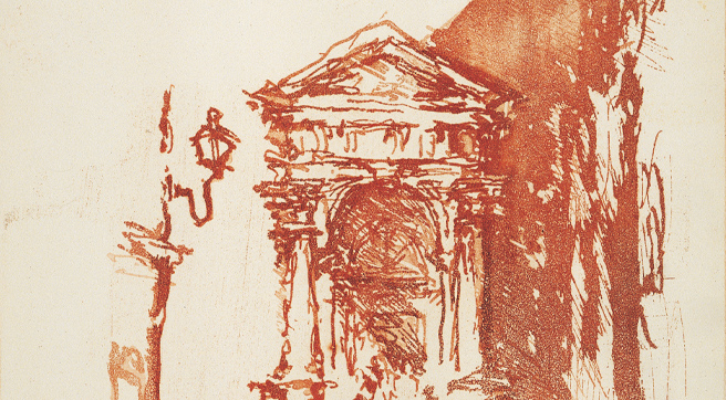 Detail of the entrance to the church. Aquatint in red ink. Detail of the entrance to the church. Aquatint in red ink.