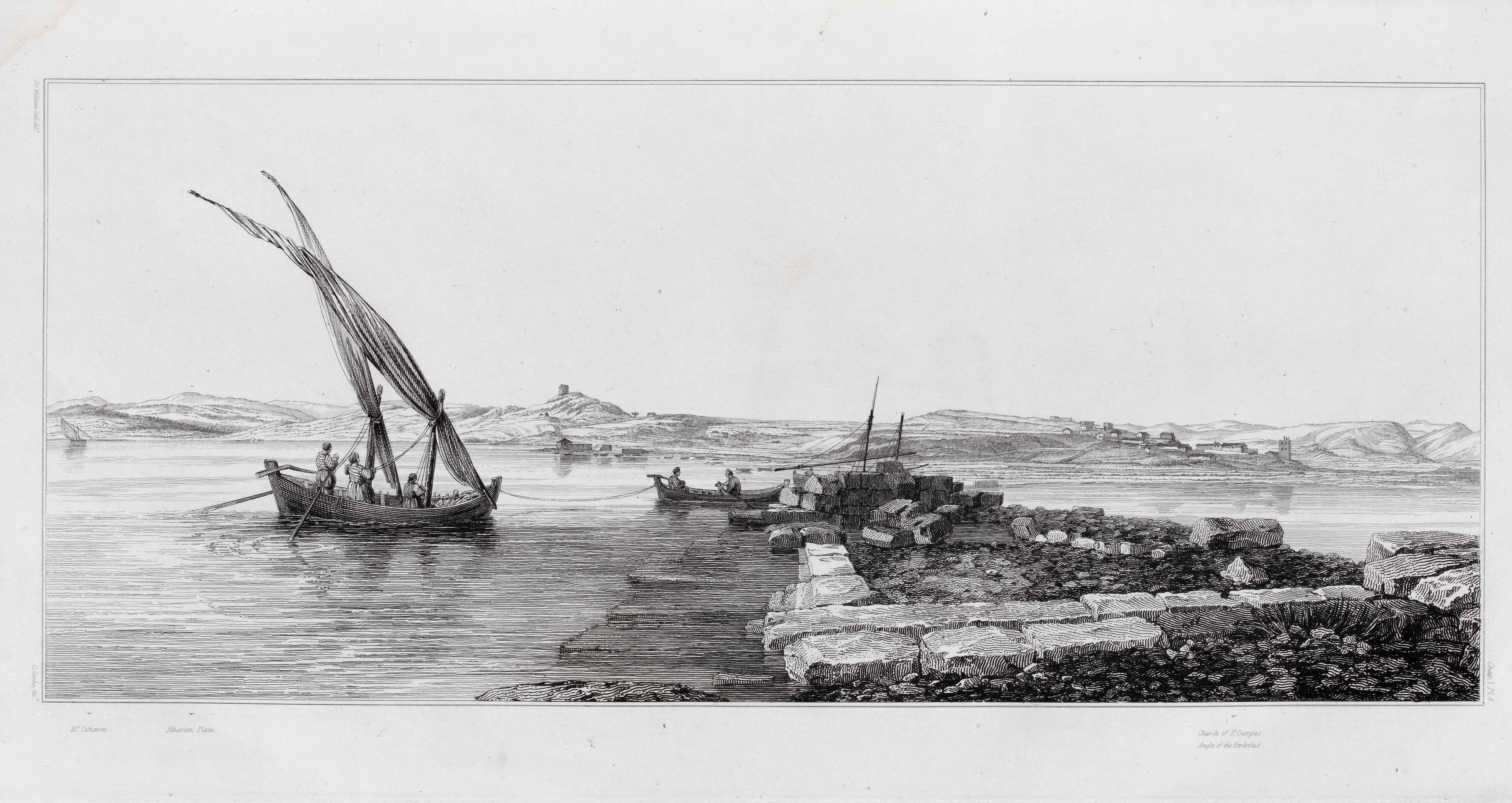 Page from The Unedited Antiquities of Attica, with an etching from the Rharian Field in Eleusis and fishermen.   Page of the book The Unedited Antiquities of Attica