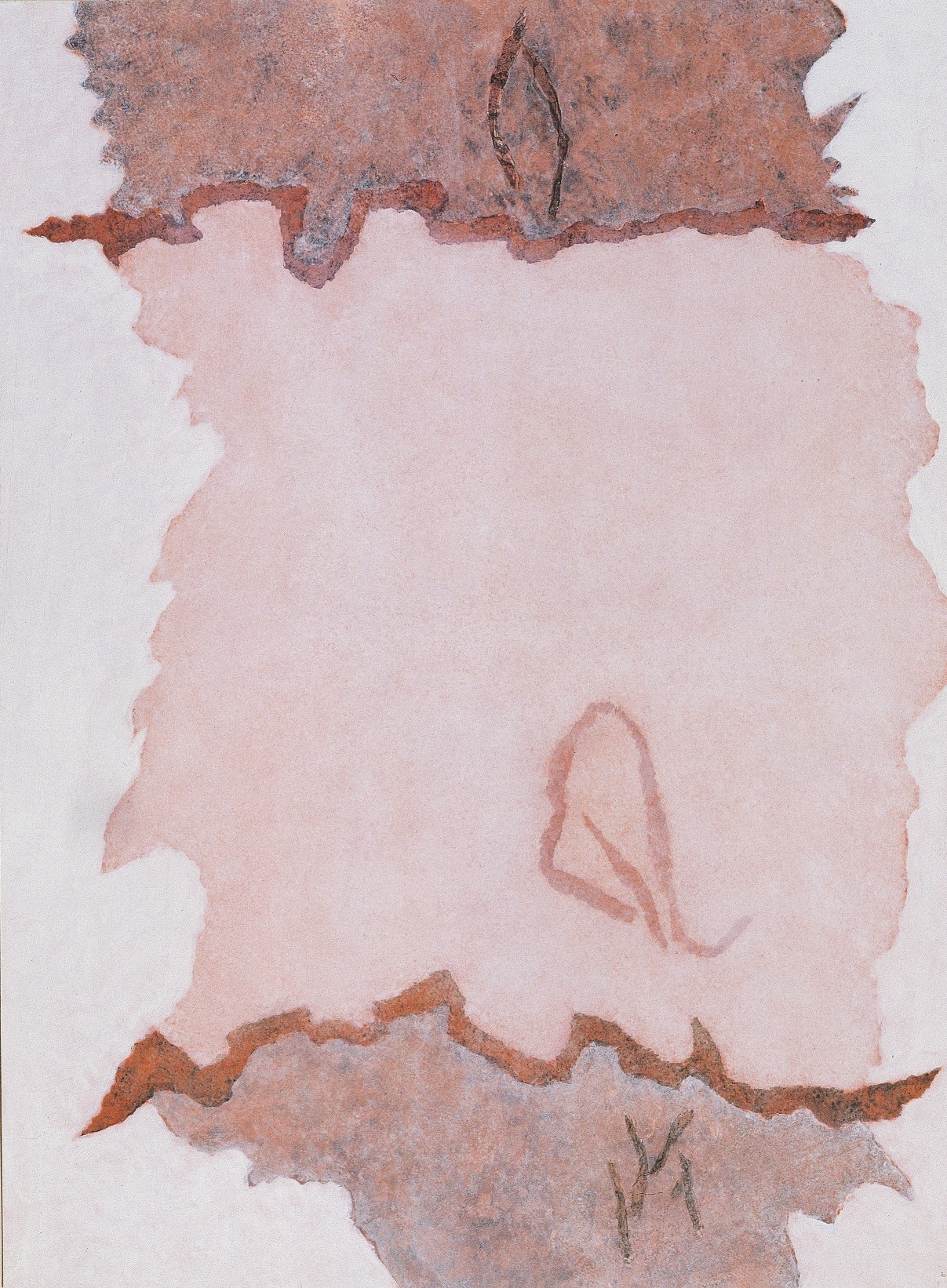 Coloured beige surface crossed by an irregular shape in terracotta tones and 2 wavy lines. The painting Infinity Field for Friedrich by Theodoros Stamos