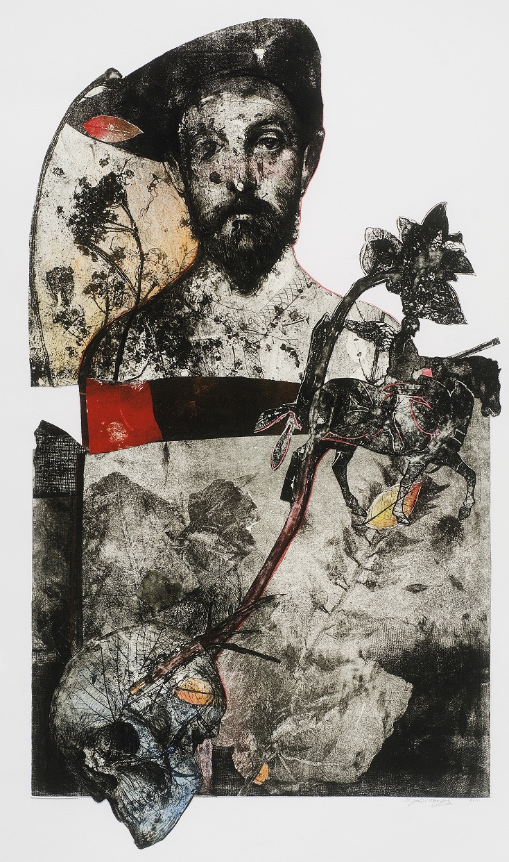 Male bust, a knight at the right, a skull at the bottom left and fossils all over the composition. Male bust, a knight at the right, a skull at the bottom left and fossils all over the composition.